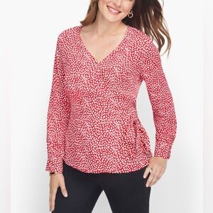 🏷️ Talbots Red White polka dot V-Neck Blouse xl petite faux wrap vacation summer